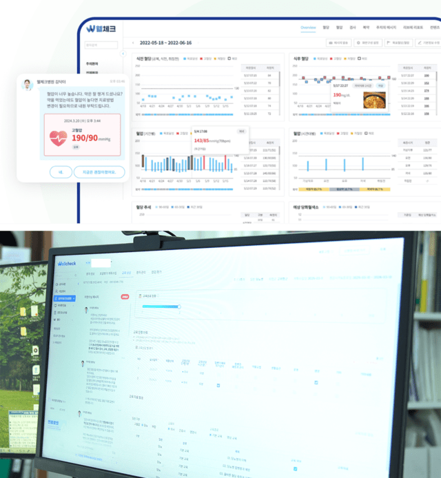 웰체크 환자 모니터링 화면 예시(상), 진료 현장에서 웰체크를 활용해 환자와 비대면 소통하는 이치훈 원장(하)|출처: 웰체크, 세실내과