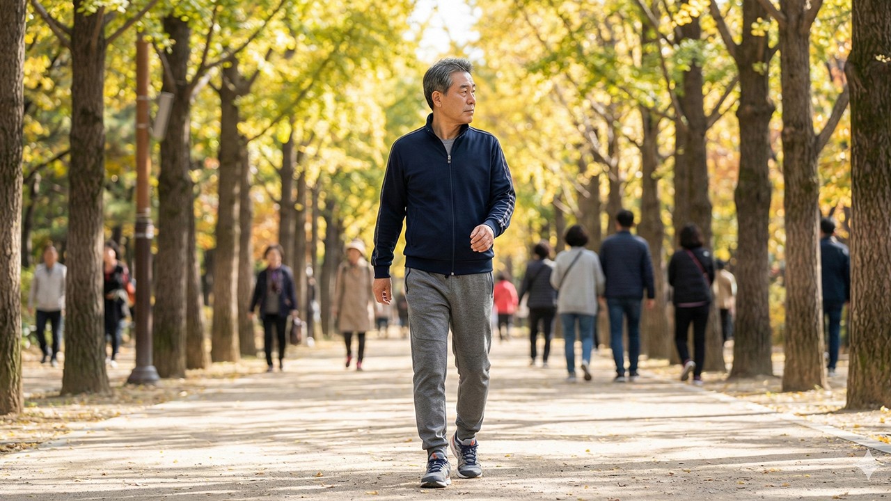 걷기 운동 중 고개를 양옆으로 움직이면 평형감각 활성화에 도움이 된다|출처: Gemini