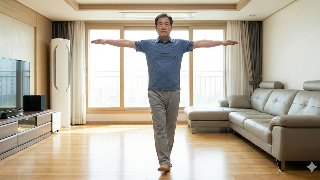 일자로 서기는 '양발 모아 서기'보다 더 세밀한 균형 감각이 필요하다|출처: Gemini